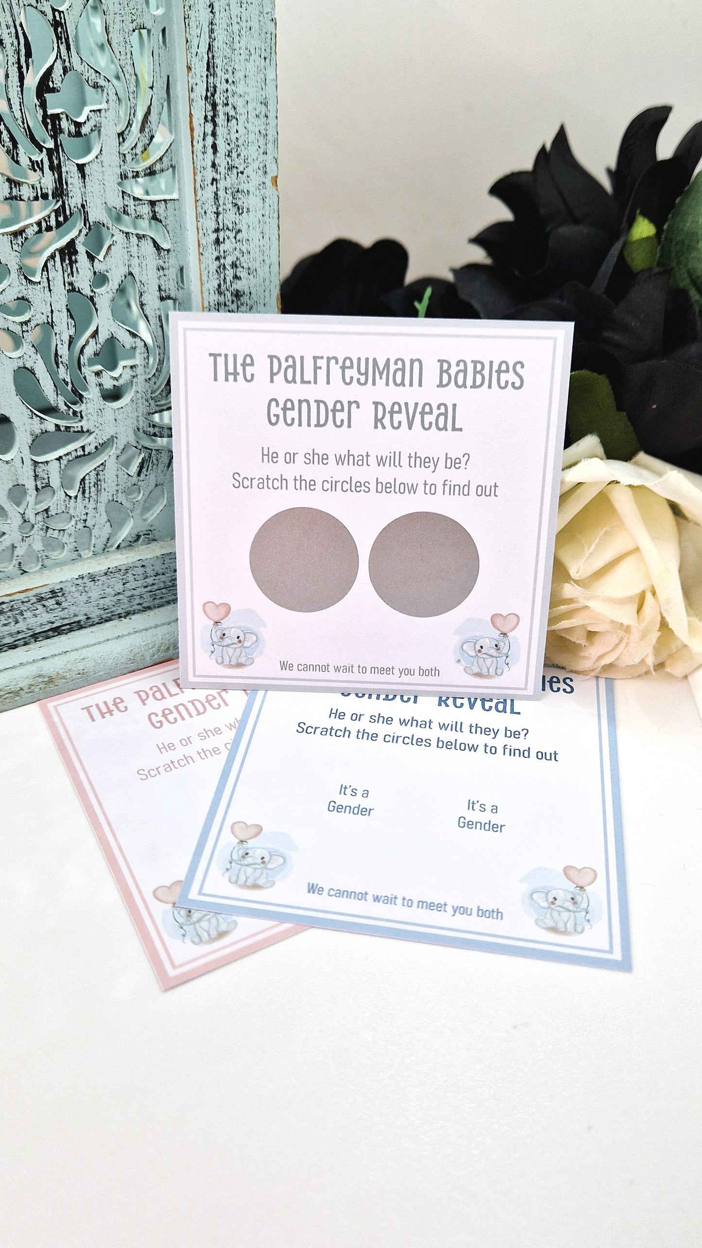 Twin Elephant Gender Reveal Scratch Cards